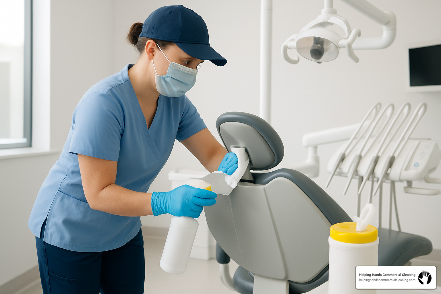 professional commercial cleaner wiping dental office chair