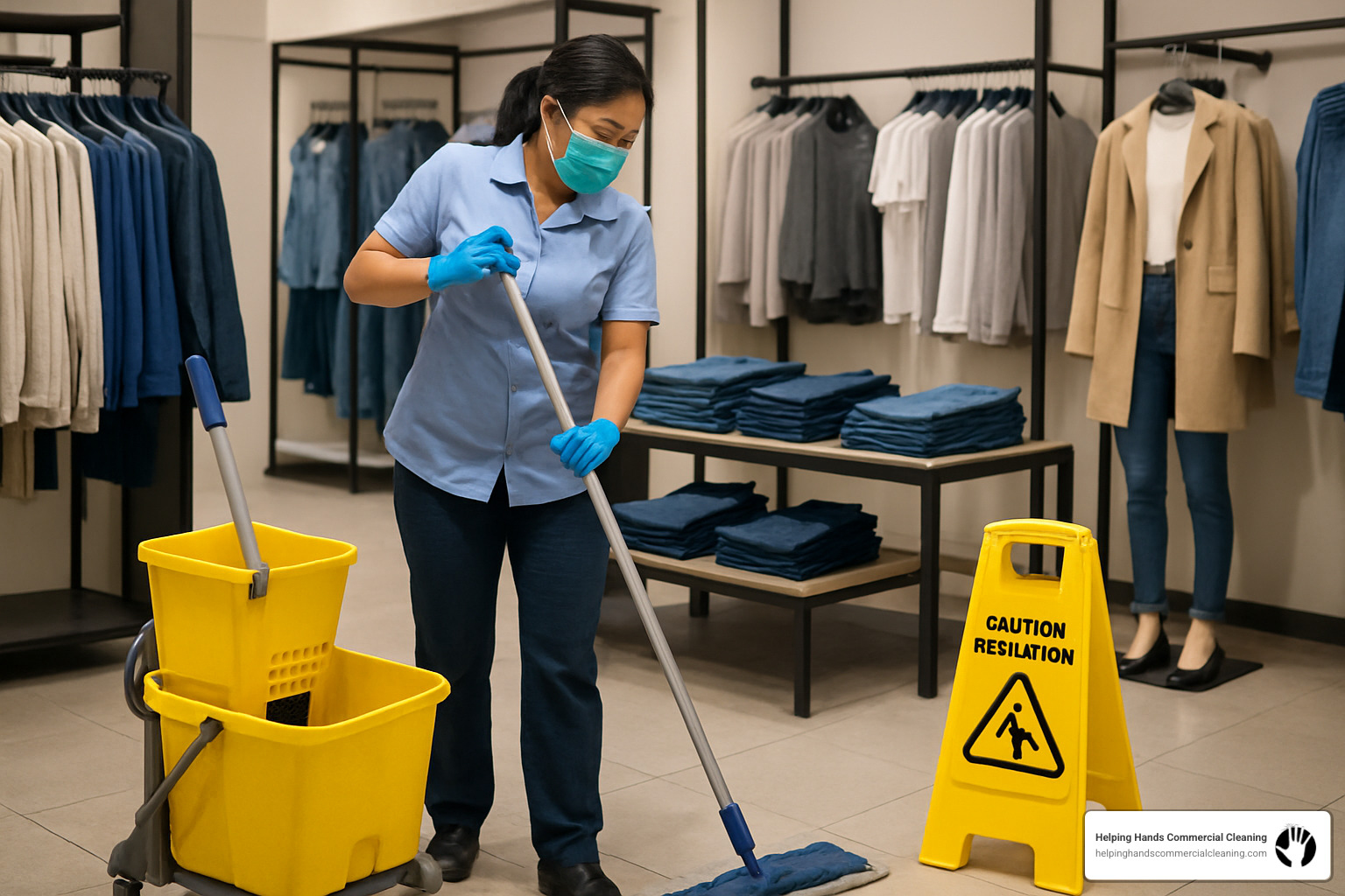 woman mopping floors in a retail shopping space cleaning service