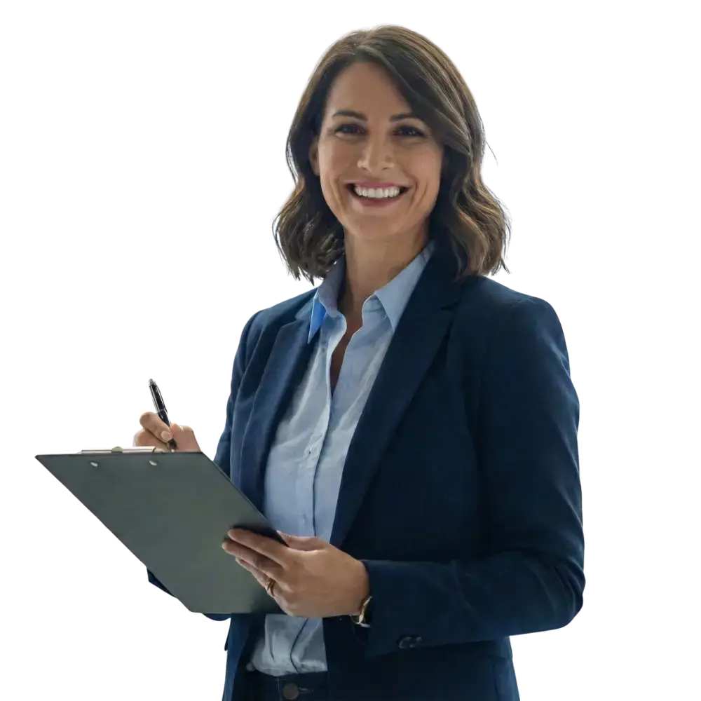 commercial cleaning consultant in Chicago holding a clipboard and smiling