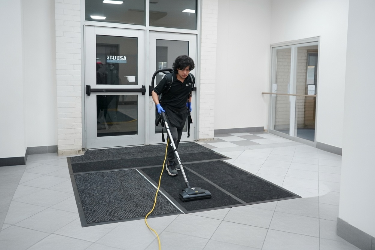 Commercial entrance cleaning services performed by professional cleaning staff