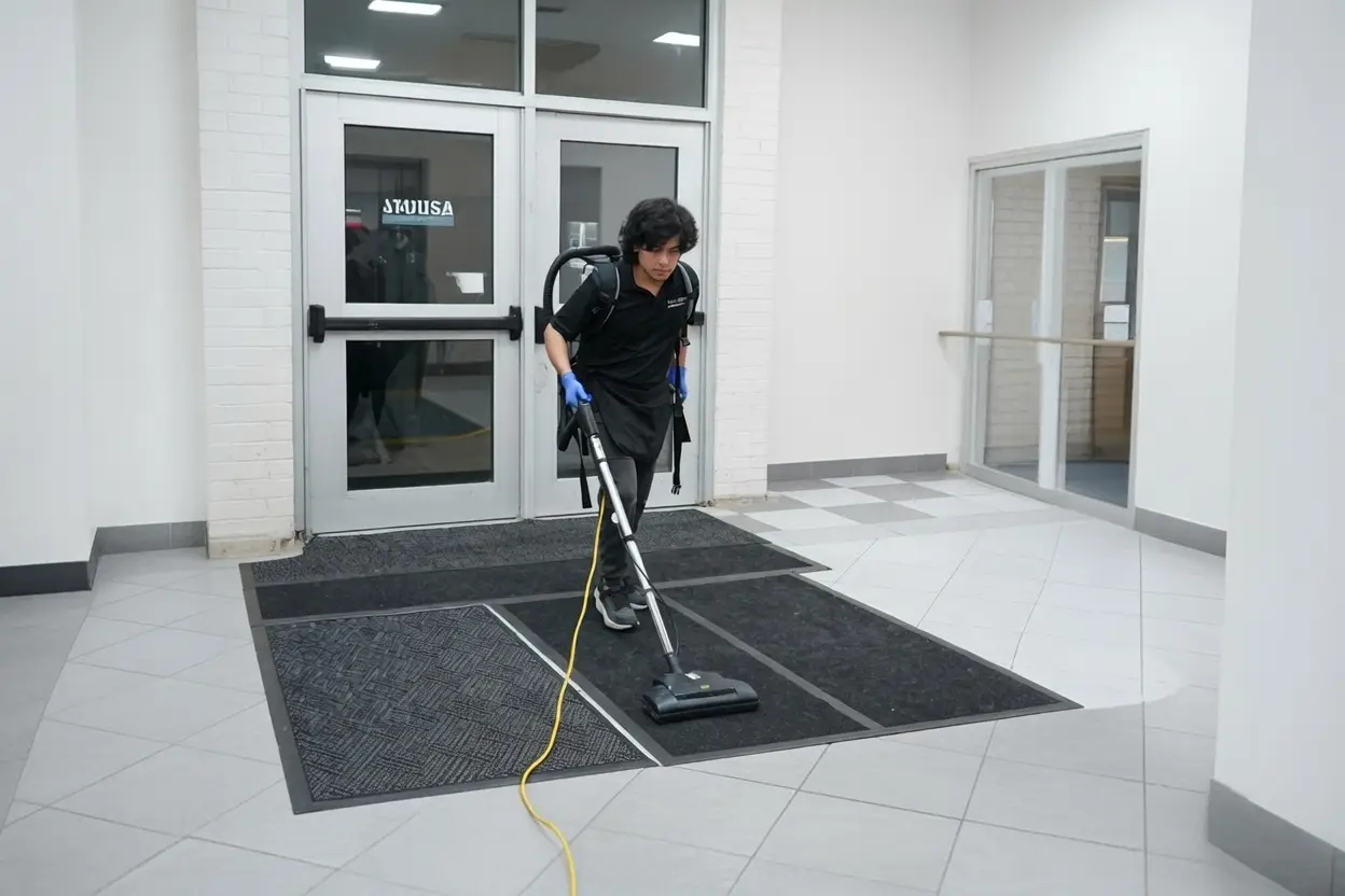 Commercial entrance cleaning services performed by professional cleaning staff