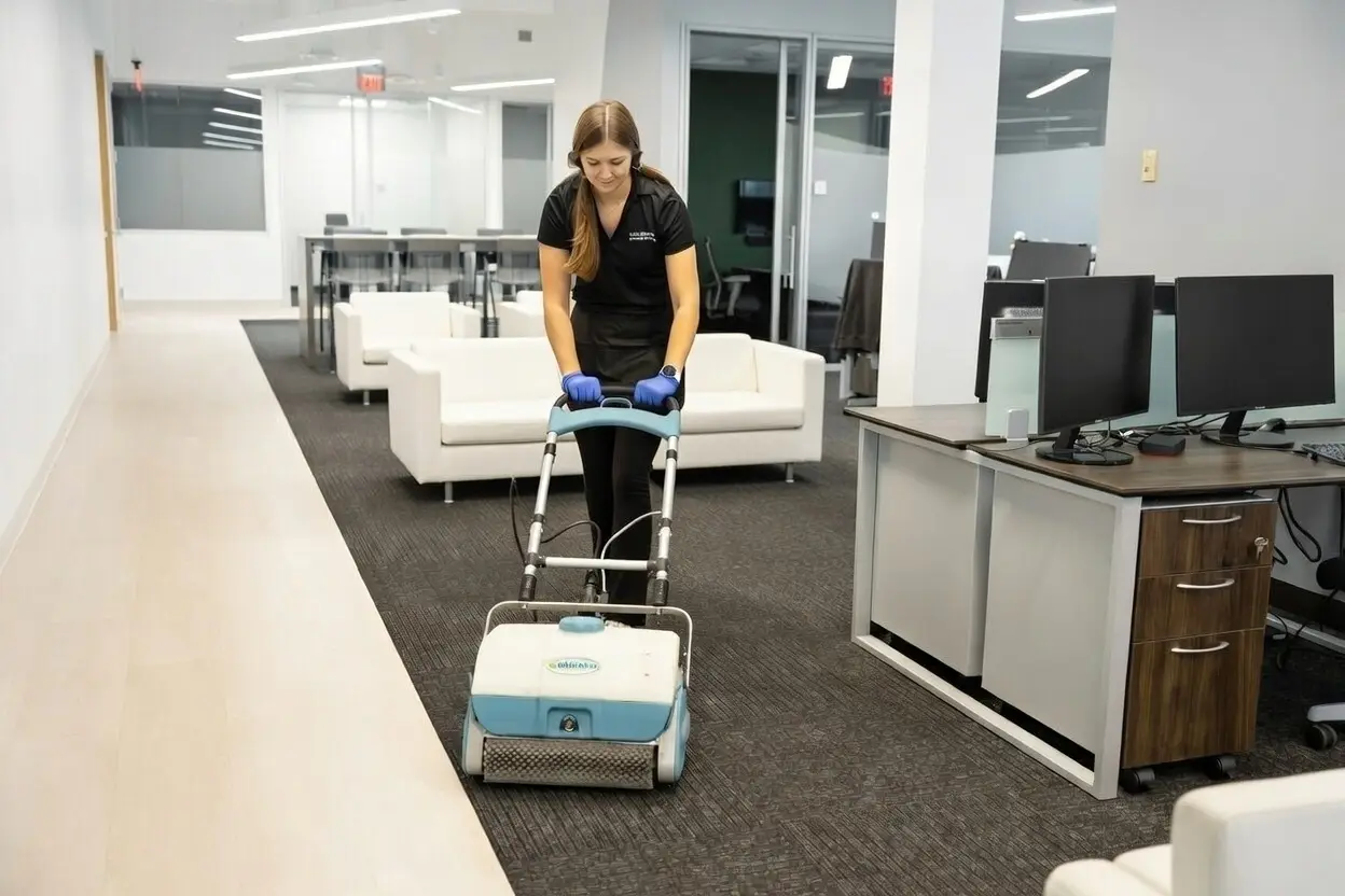 Commercial cleaning staff operating floor cleaning equipment