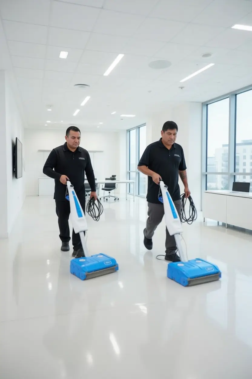 Professional commercial cleaners performing office cleaning services inside a business facility in Elgin, Illinois.