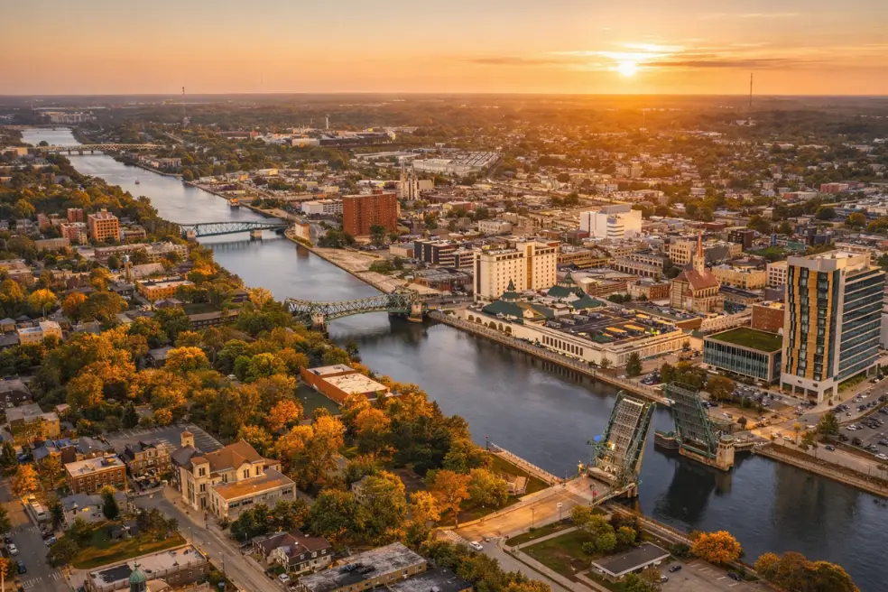 Aerial view of Joliet, Illinois showing industrial corridors, warehouses, and logistics facilities served by professional commercial cleaning services.