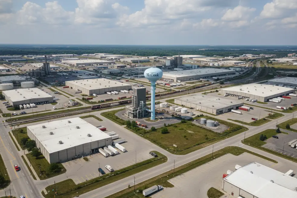 Aerial view of McCook, Illinois showing rail yards, industrial facilities, and logistics infrastructure served by professional commercial cleaning services.