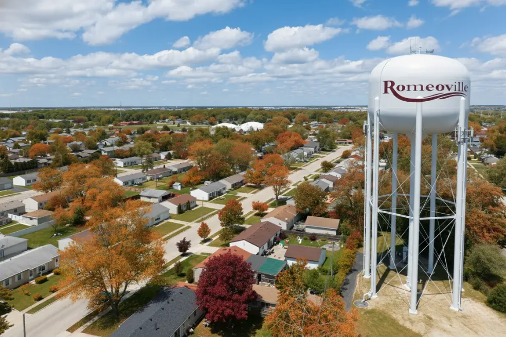 Aerial view of Romeoville, Illinois showing industrial corridors, warehouses, and commercial areas served by professional commercial cleaning services.