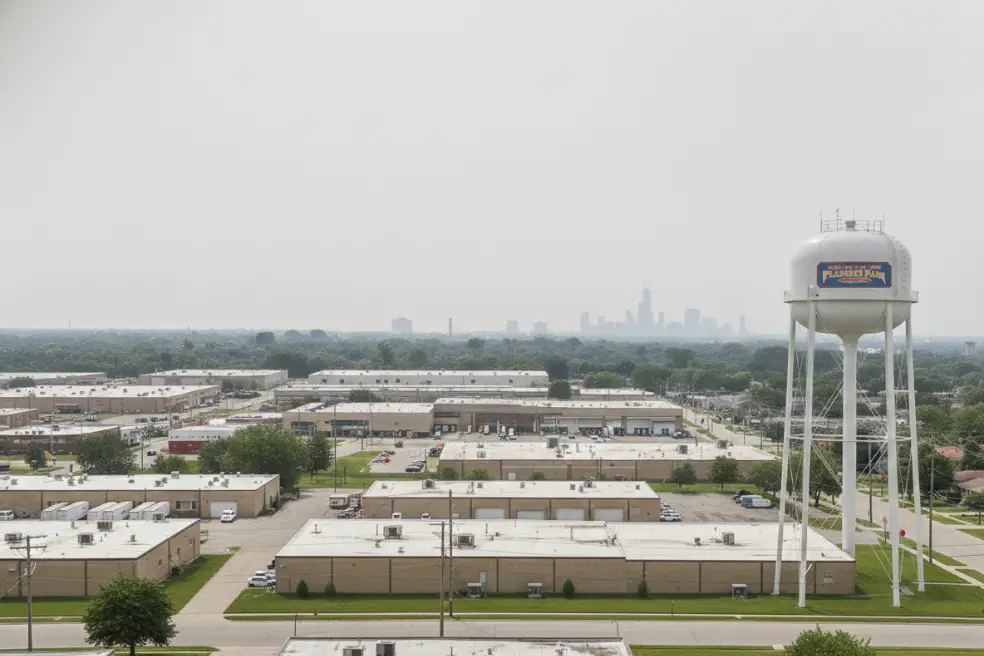 Aerial view of Franklin Park, Illinois showing industrial corridors, warehouses, and commercial areas served by professional commercial cleaning services.