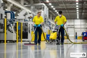 Professional janitorial team using floor cleaning equipment in industrial facility