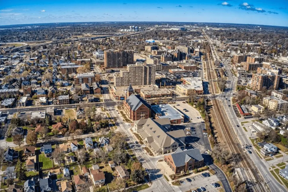 Aerial view of Arlington Heights, IL corporate and commercial district in Cook County near I-90 and Northwest Highway