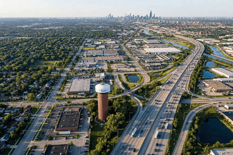 Aerial view of Alsip, IL industrial and commercial district in Cook County, Illinois near I-294 and Pulaski Road