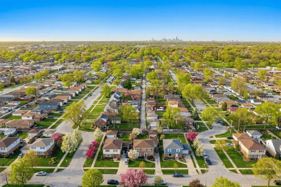 Aerial view of Calumet Park, IL commercial and residential district in Cook County, Illinois, near I-57 and Ashland Avenue