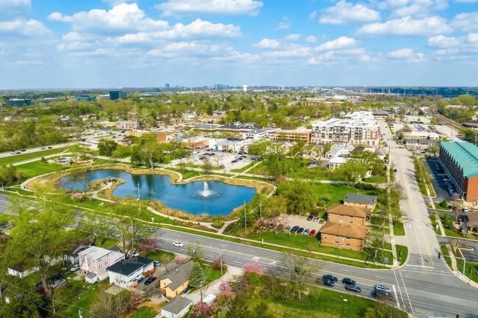 Aerial view of Lisle, IL corporate campus corridor in DuPage County, Illinois near I-88 and Route 53
