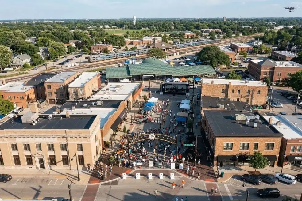 Aerial view of Lombard, IL corporate and retail corridor in DuPage County, Illinois near Butterfield Road and I-88