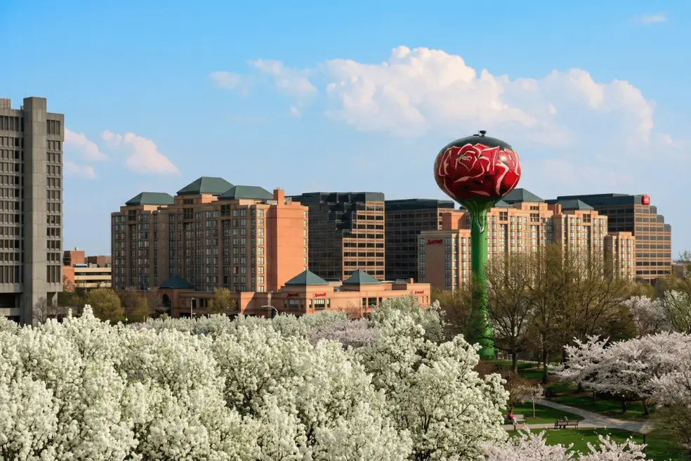 Aerial view of Rosemont, IL commercial district near O'Hare International Airport in Cook County, Illinois