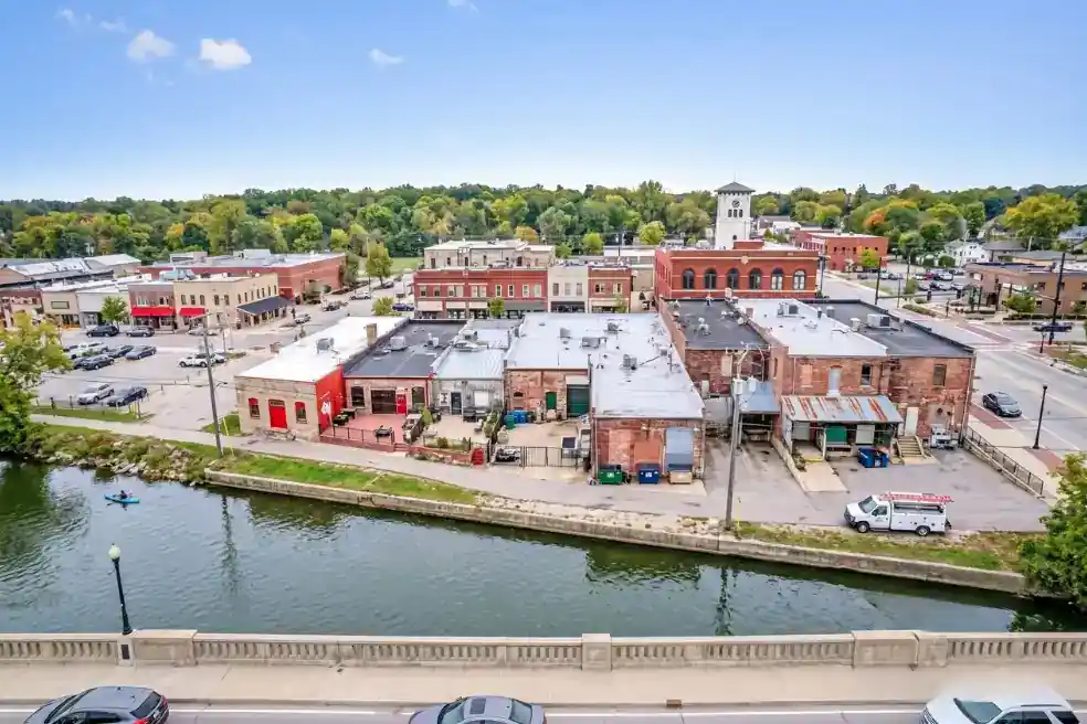 Aerial view of Batavia, IL Fox River manufacturing and commercial corridor in Kane County, Illinois near North Batavia Avenue and Randall Road
