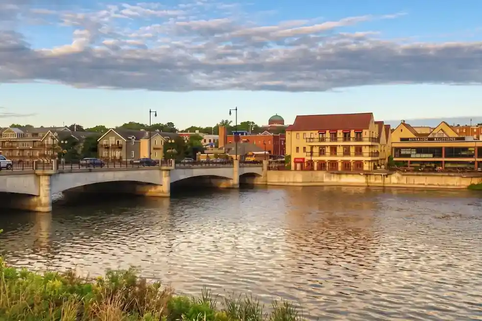 Aerial view of Geneva, IL Fox River commercial and manufacturing corridor in Kane County, Illinois near Randall Road and Averill Road