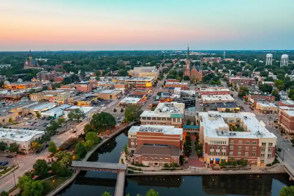 Aerial view of Naperville, IL corporate office corridor in DuPage County, Illinois near I-88 and Shuman Boulevard
