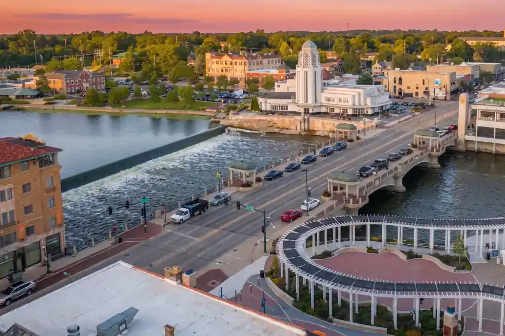 Fox River waterfront and corporate district of St. Charles, Illinois — janitorial services for Fortune 500 training campuses, precision manufacturers, and commercial districts in Kane County