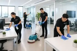 office cleaning professionals working in modern office environment ensuring cleanliness and sanitation