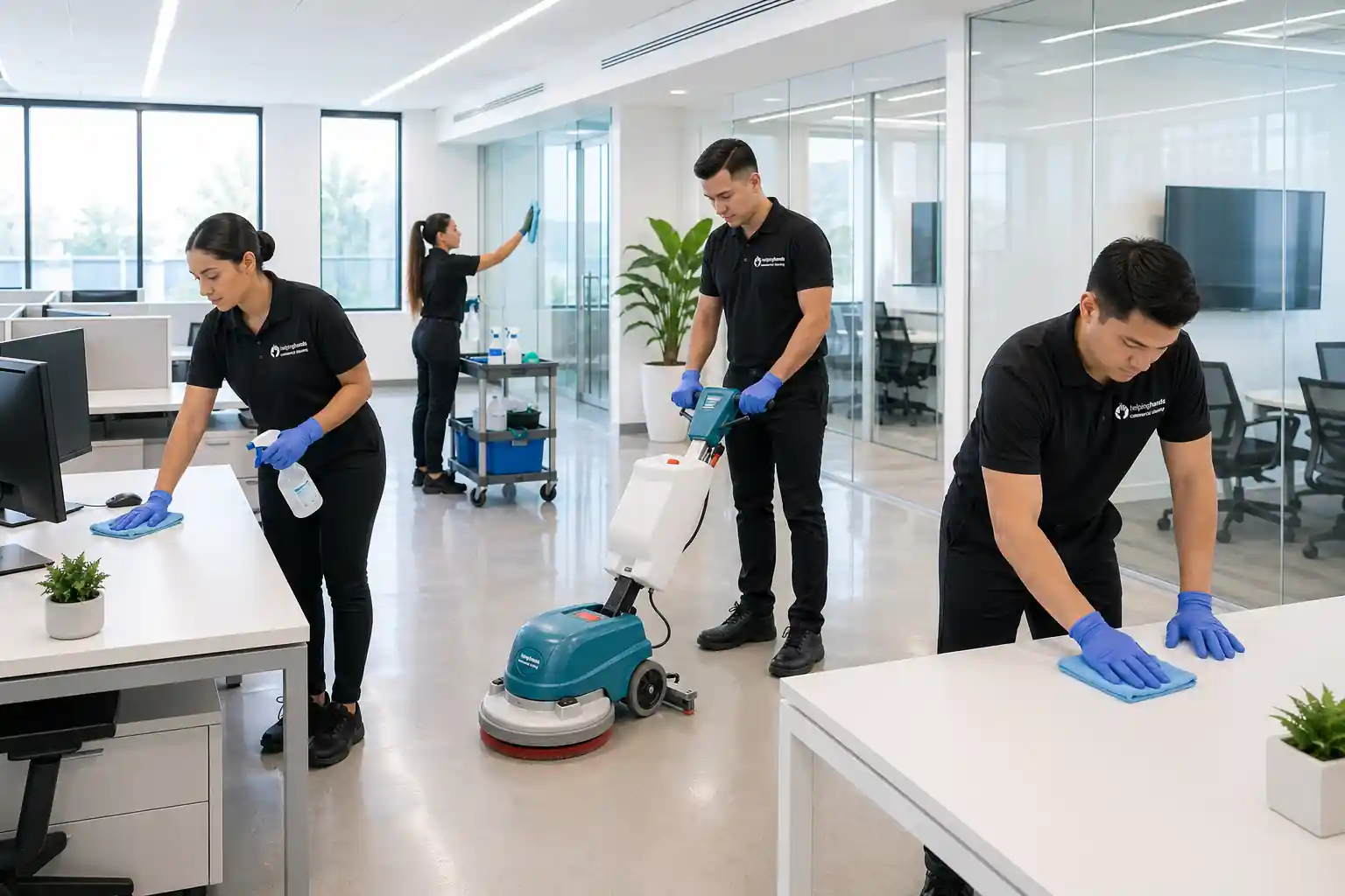 office cleaning professionals working in modern office environment ensuring cleanliness and sanitation