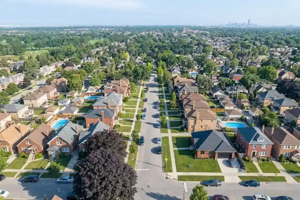 Aerial view of River Grove, IL commercial and residential district in Cook County, Illinois near Grand Avenue and Thatcher Avenue