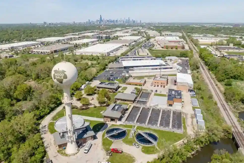 Aerial view of Wood Dale, IL industrial and corporate corridor in DuPage County, Illinois near O'Hare Airport and Route 390