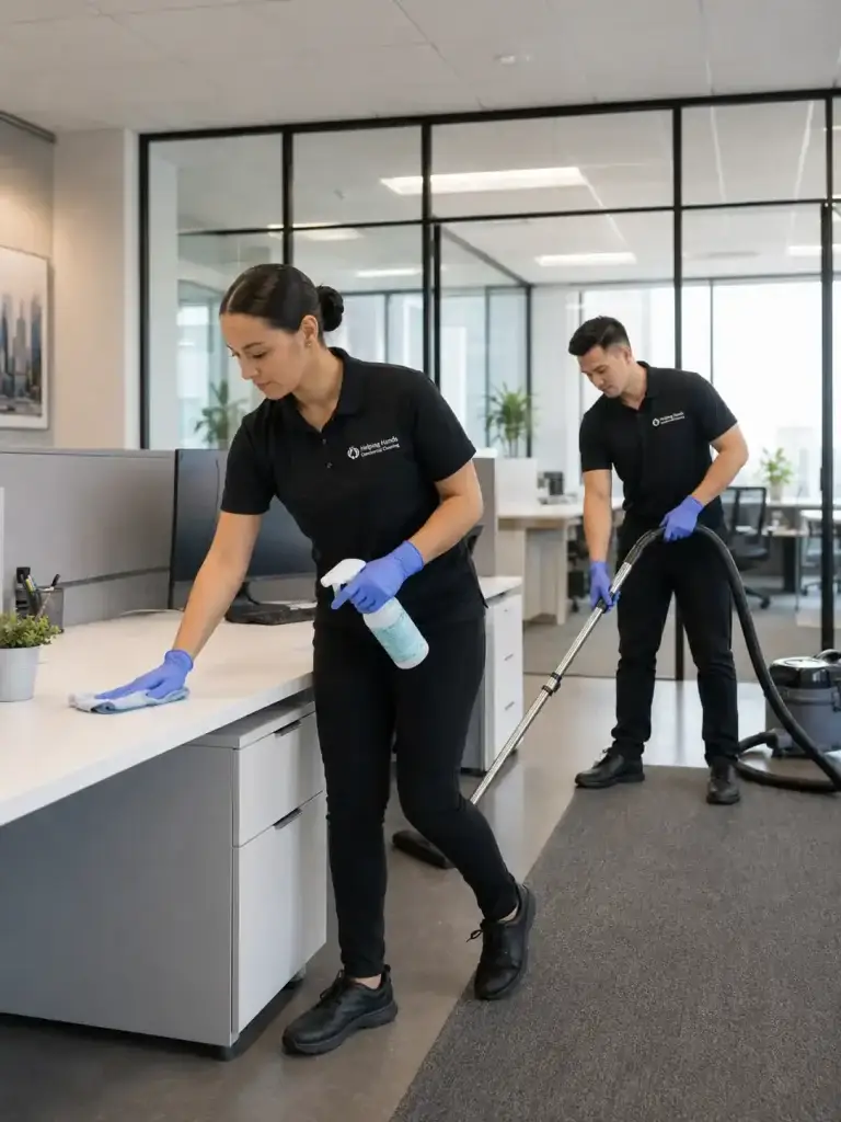 Helping Hands Commercial Cleaning W-2 janitorial staff in black uniforms delivering commercial facility cleaning and recurring janitorial services in Elmhurst IL and Chicagoland.