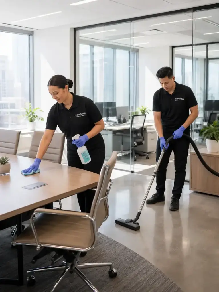 Helping Hands Commercial Cleaning team providing commercial office cleaning in a modern workspace, with branded W-2 staff disinfecting conference tables and vacuuming office floors in Chicagoland, IL.