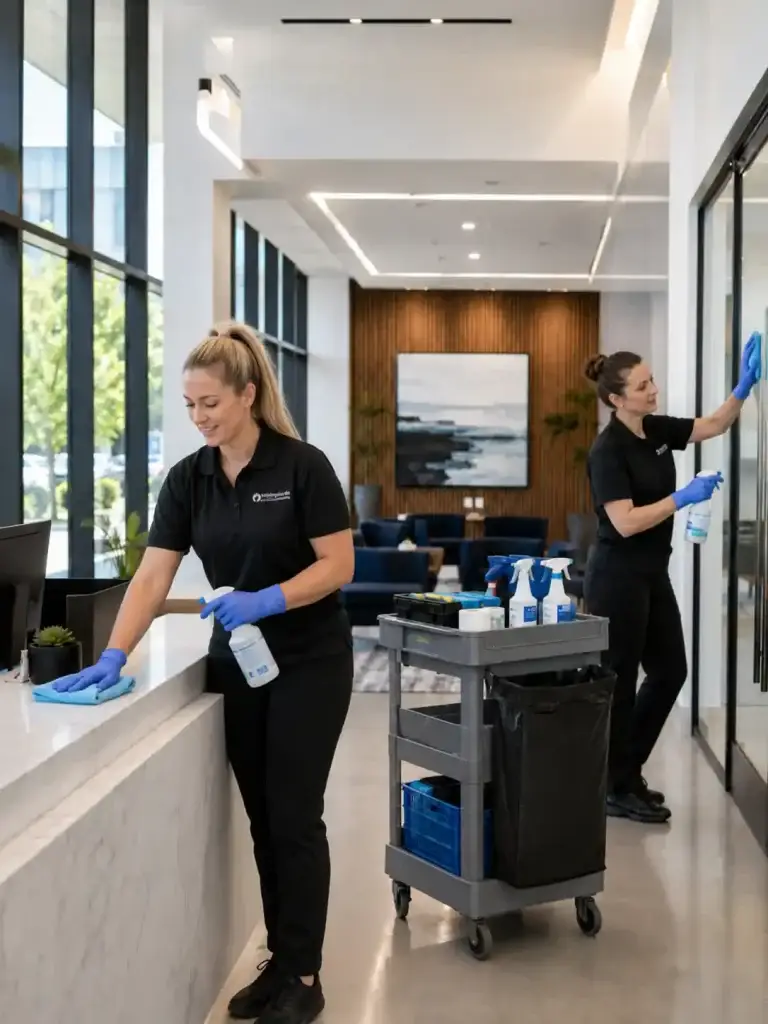 Helping Hands Commercial Cleaning day porter team maintaining a modern office lobby, wiping reception surfaces, cleaning glass doors, and using a stocked porter cart in Chicagoland, IL.