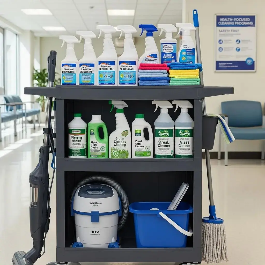 Display of health-focused cleaning products and techniques in a commercial cleaning context