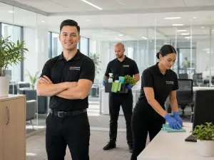 Helping Hands Commercial Cleaning team providing eco-friendly office cleaning in a modern workspace, using Green Seal certified products, W-2 staff, and professional commercial cleaning protocols in Chicagoland, IL.