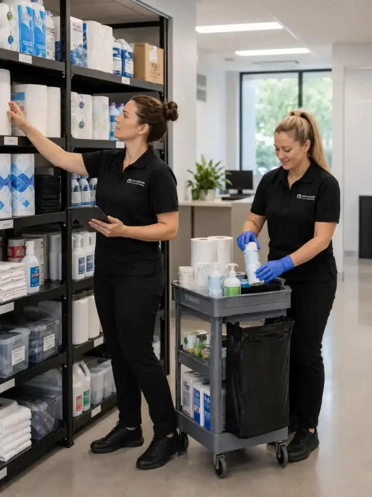 Helping Hands Commercial Cleaning team managing facility supply inventory in a commercial stockroom, organizing paper products, cleaning supplies, and restroom consumables for businesses in Chicagoland, IL.