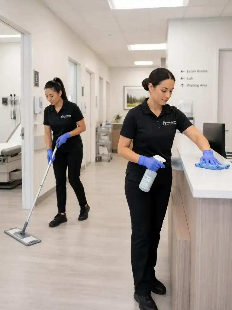 Helping Hands Commercial Cleaning team providing healthcare and medical cleaning in a modern clinic, disinfecting reception surfaces and mopping exam room floors with GBAC-certified protocols in Chicagoland, IL.