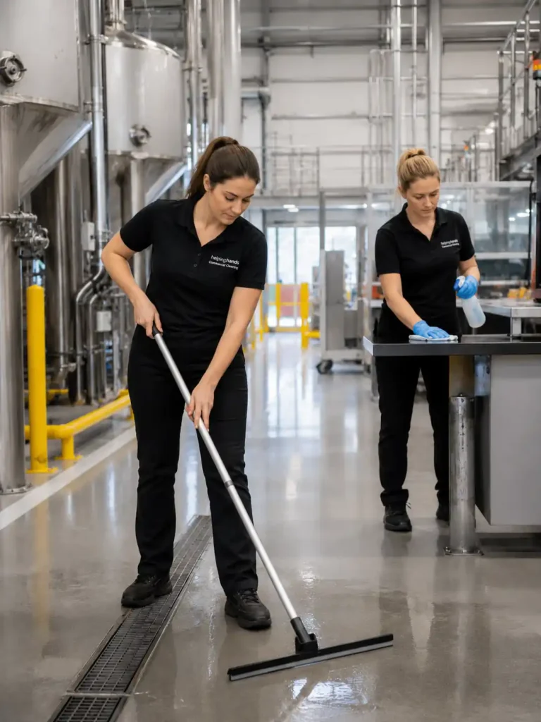 Helping Hands Commercial Cleaning team providing industrial cleaning services in a manufacturing facility, with trained W-2 staff maintaining floors and disinfecting work surfaces in Chicagoland, IL.