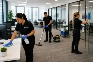 janitorial services in Chicago daily cleaning maintenance staff cleaning floors restrooms and common areas in commercial buildings
