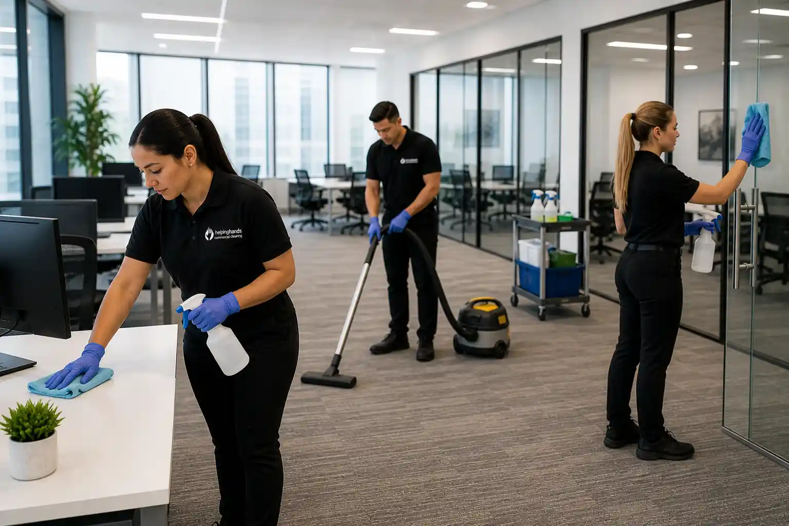janitorial services in Chicago daily cleaning maintenance staff cleaning floors restrooms and common areas in commercial buildings