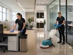 Helping Hands Commercial Cleaning team showing the difference between janitorial and commercial cleaning, with one cleaner handling daily office maintenance and another performing floor care in a Chicagoland workplace.