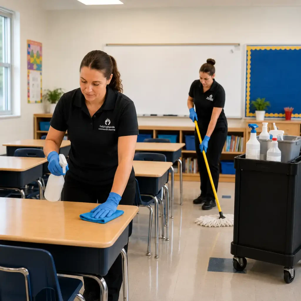 Helping Hands Commercial Cleaning team providing K-12 school cleaning services in a classroom, with W-2 staff disinfecting student desks and mopping floors in Chicagoland, IL.