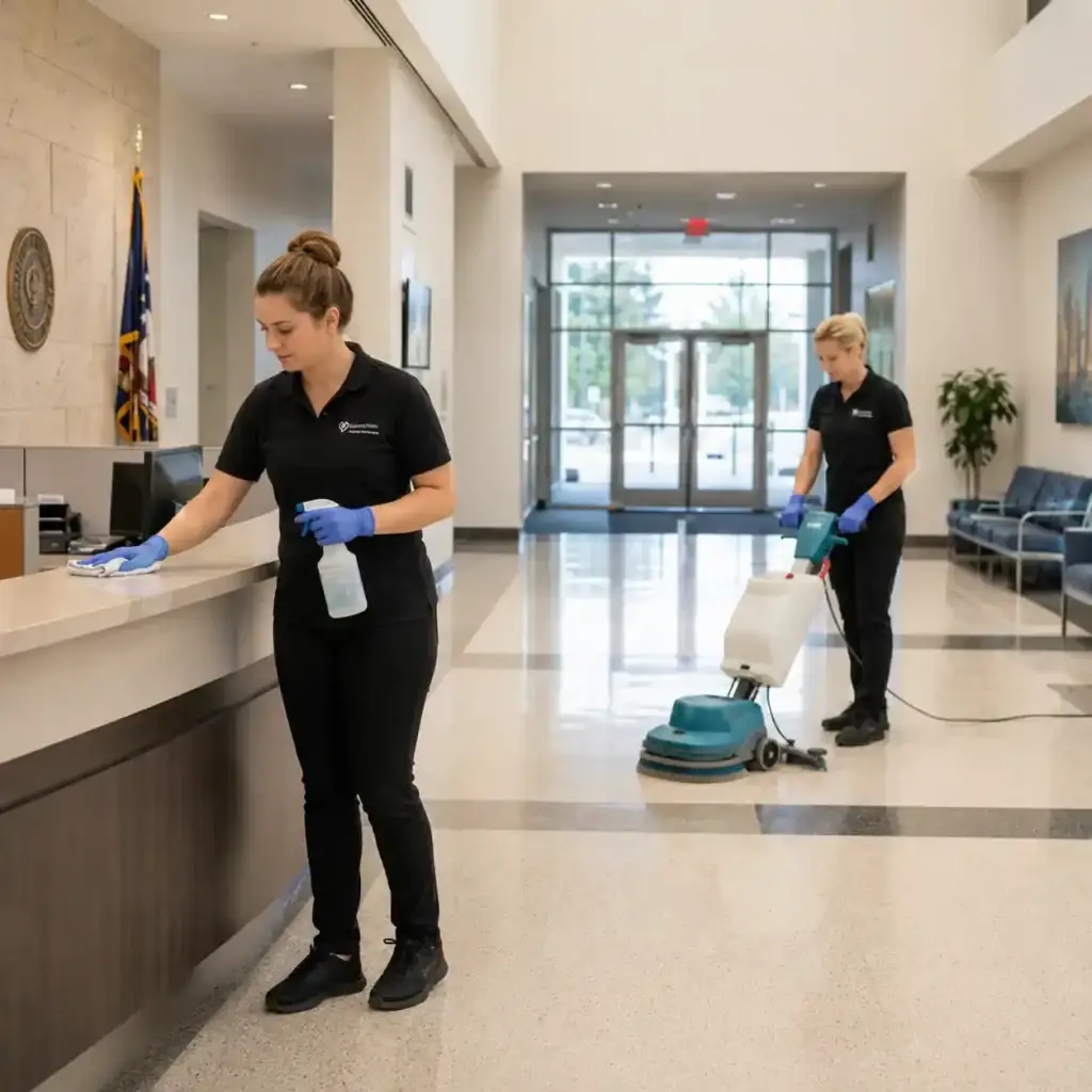Helping Hands Commercial Cleaning team providing municipal and government facility cleaning in a public building lobby, with W-2 staff disinfecting reception surfaces and maintaining polished floors in Chicagoland, IL.