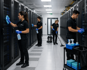 Cleaning technician performing subfloor and anti-static cleaning in a data center facility in Chicagoland, Illinois