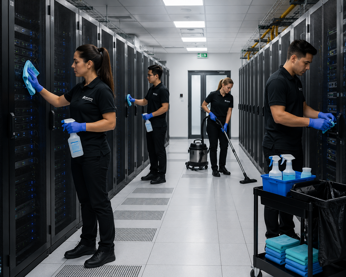 Cleaning technician performing subfloor and anti-static cleaning in a data center facility in Chicagoland, Illinois