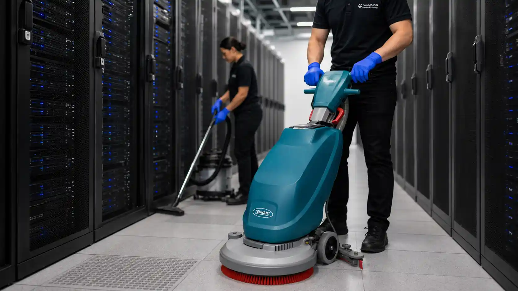 Data center cleaning services Chicagoland — GBAC-certified technician cleaning server room in Illinois