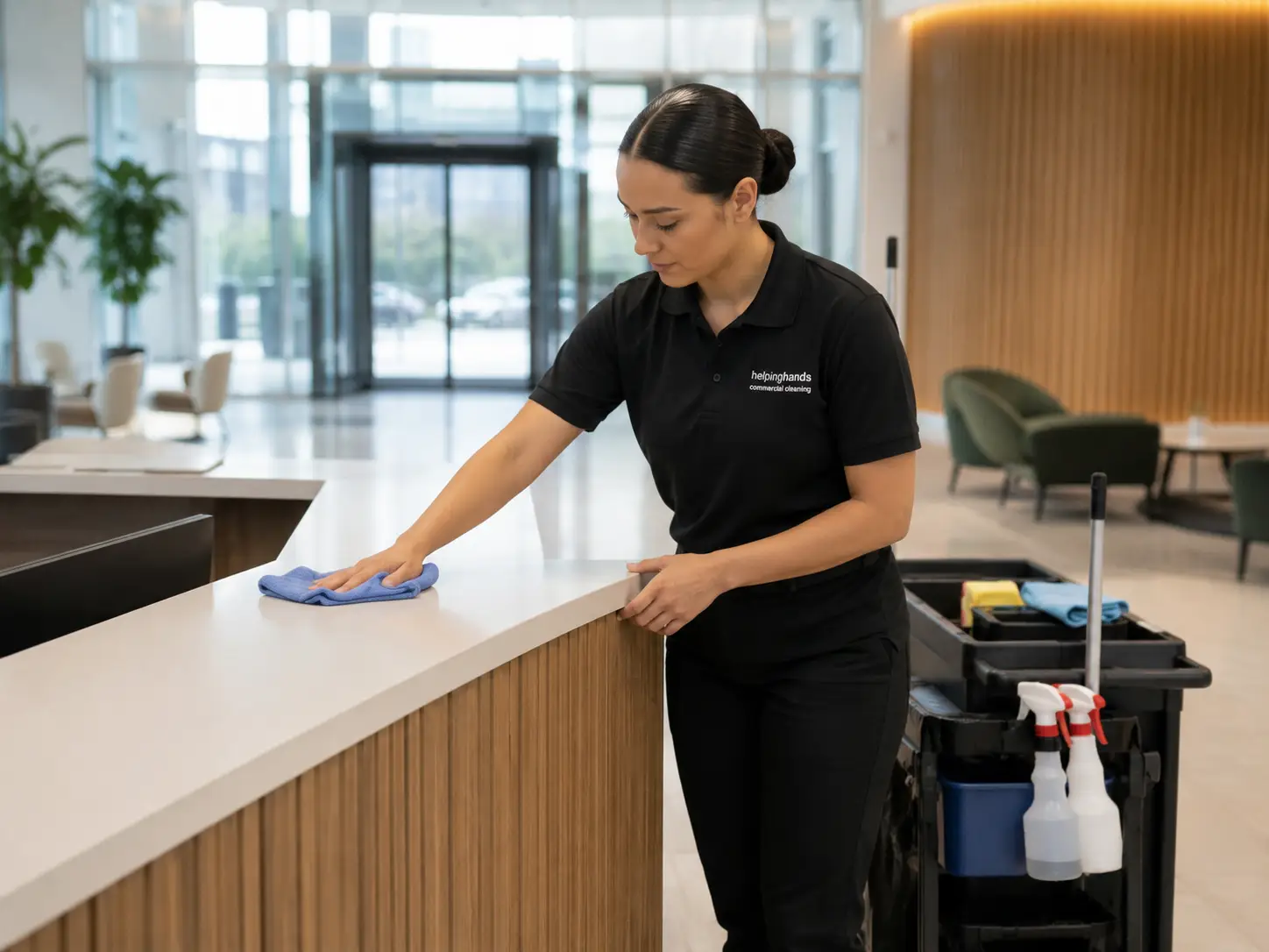 Day porter cleaning technician maintaining the lobby of a corporate office building in Schaumburg, Cook County, Illinois