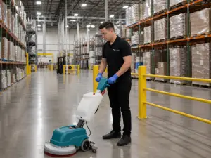 Commercial cleaning crew maintaining a large distribution center in Bolingbrook, Will County, Illinois