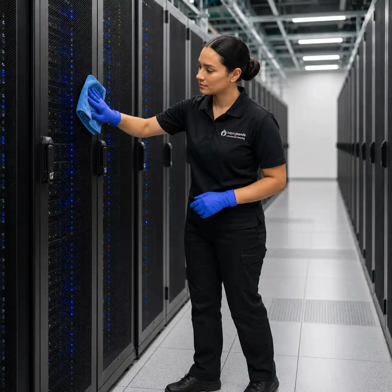 Commercial data center janitorial services Illinois — Helping Hands cleaning crew maintaining server room environment in Chicagoland