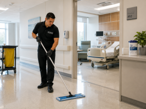 GBAC-certified cleaning technician disinfecting a healthcare facility corridor in Will County, Illinois near Silver Cross Hospital