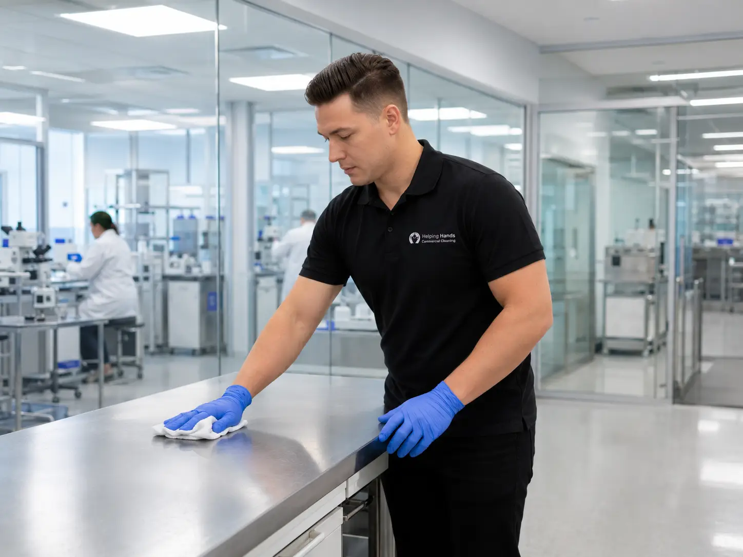 Direct-hire cleaning technician maintaining a life sciences facility in Lake County, Illinois near Vernon Hills