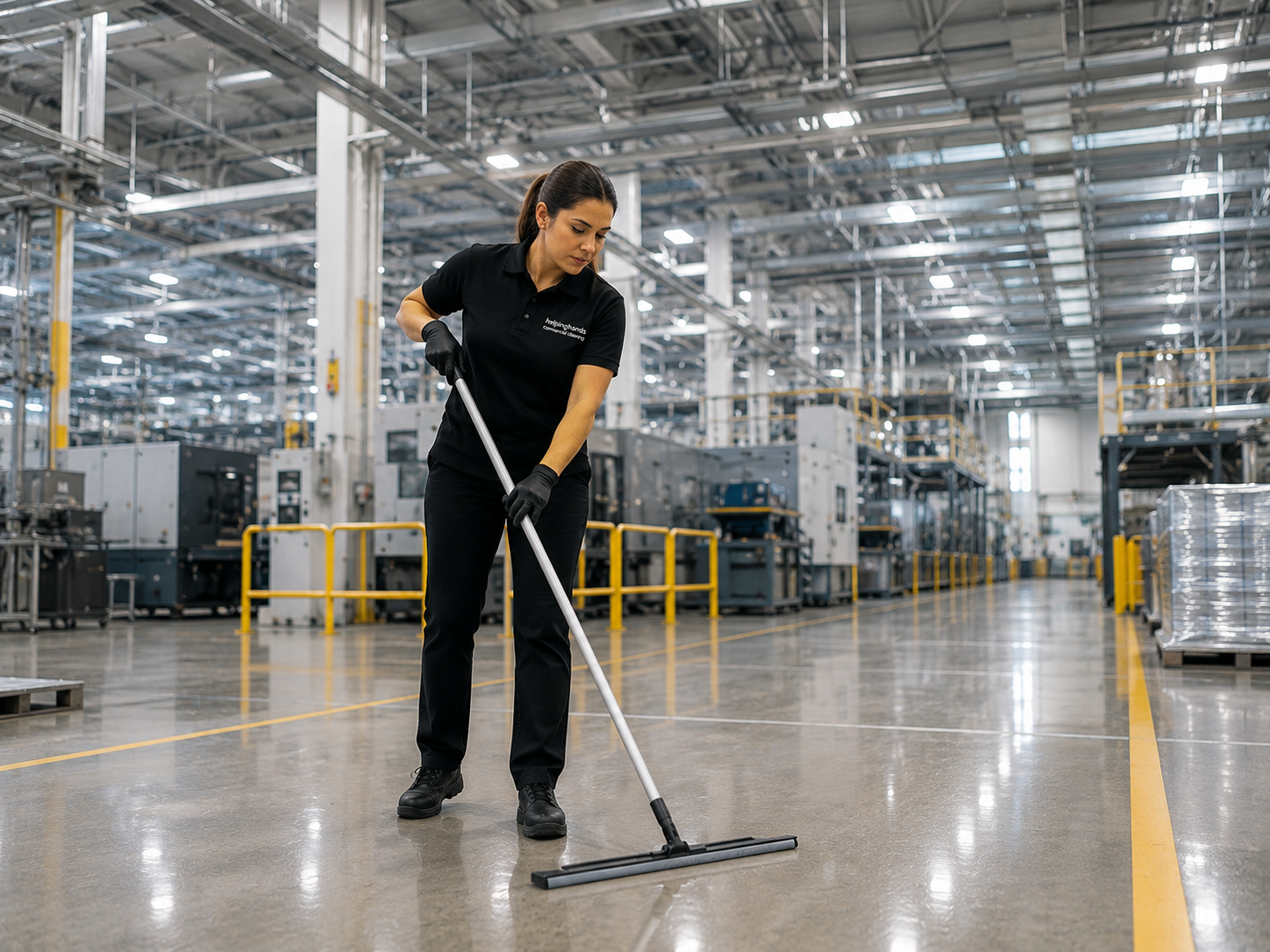 Janitorial crew performing high-frequency cleaning in a manufacturing plant in Aurora, Kane County, Illinois during a production shift changeover