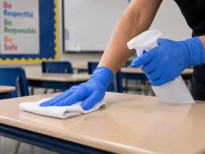 Professional janitorial technician cleaning a school hallway in the Aurora, Kane County school district in Illinois