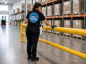 Industrial cleaning technician maintaining a warehouse and distribution center facility in Aurora, Illinois, Kane County